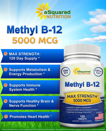 aSquared Nutrition Vitamin B12-5000 mcg (Methylcobalamin) – 120 Tablets | Max Strength Energy, Brain & Heart Support