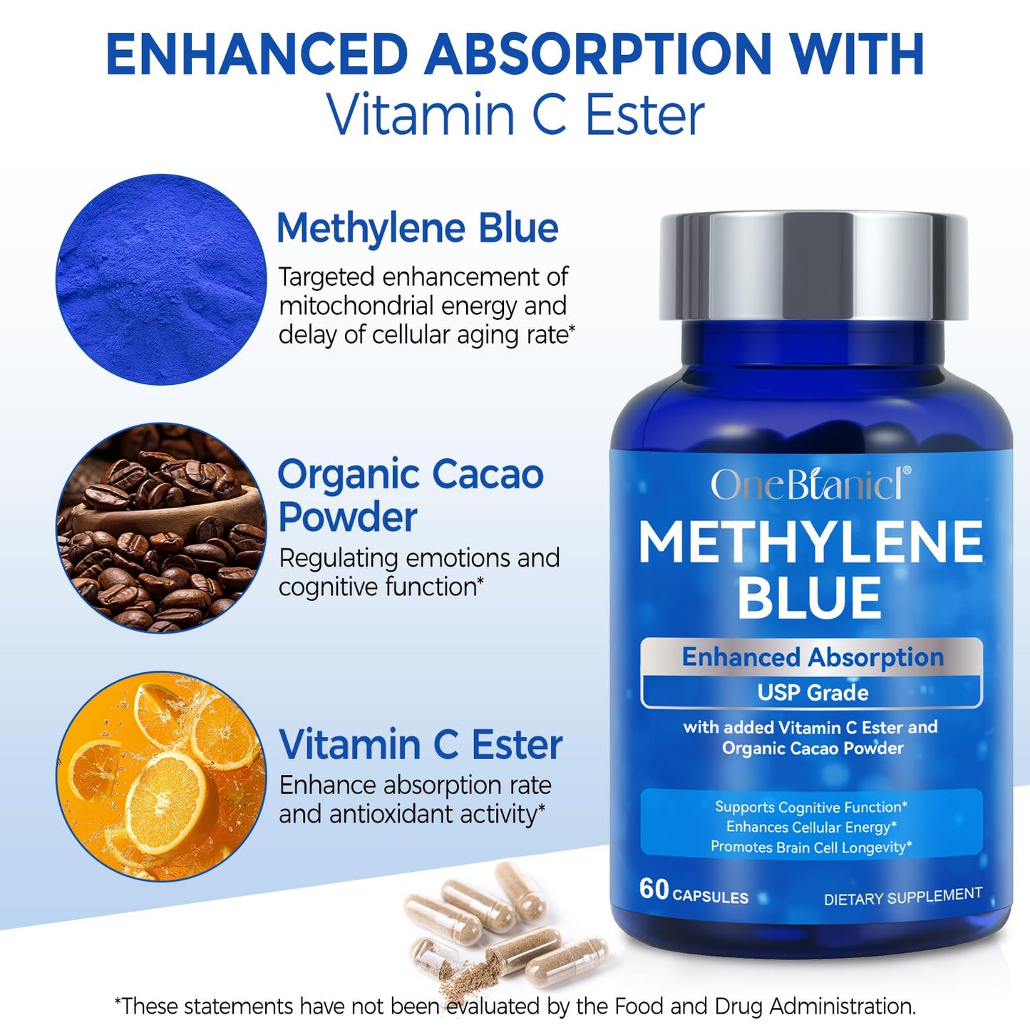 Methylene Blue Pharmaceutical Grade Capsules (60 Count) – Vitamin C Ester & Cocoa for Focus & Antioxidant Support