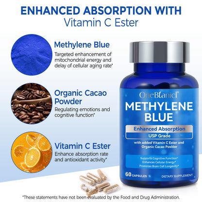 Methylene Blue Pharmaceutical Grade Capsules (60 Count) – Vitamin C Ester & Cocoa for Focus & Antioxidant Support