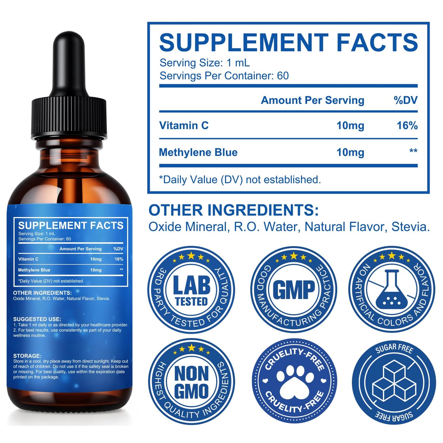 Methylene Blue Drops – Pharmaceutical Grade for Brain Health & Energy Support | No Formaldehyde, No Alcohol, No Gluten – 2 fl oz