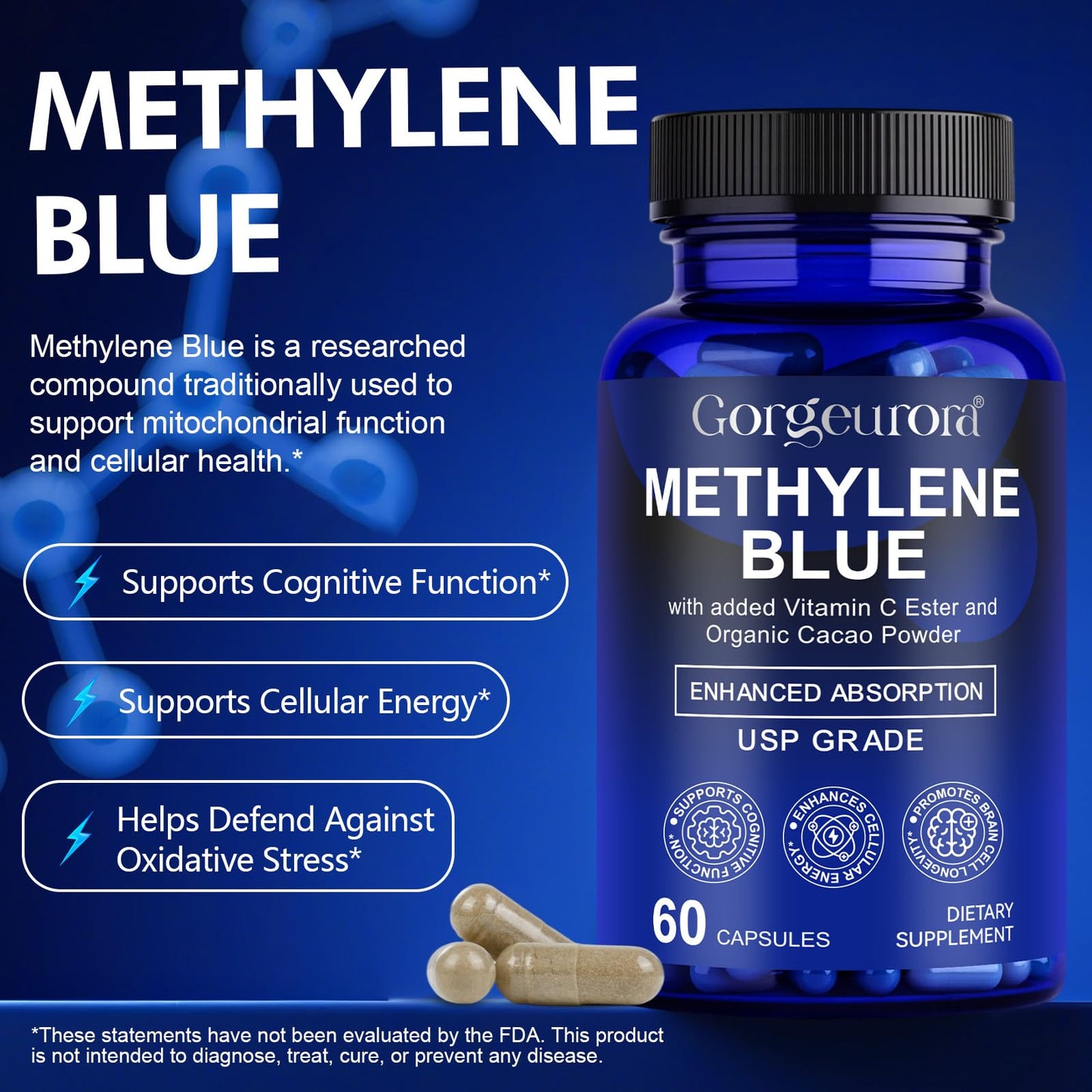 Methylene Blue Capsules 60p – Vitamin C Ester for Enhanced Absorption | Brain Health, Memory, Focus, Clarity, Energy