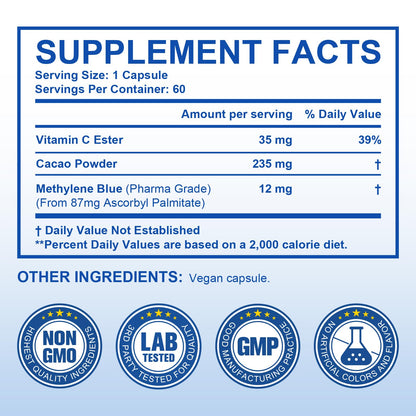 Methylene Blue Pharmaceutical Grade Capsules (60 Count) – Vitamin C Ester & Cocoa for Focus & Antioxidant Support