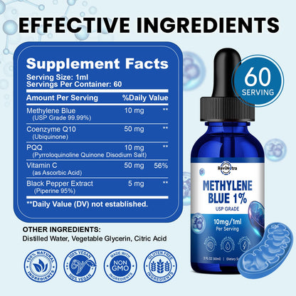 Methylene Blue Drops | USP Grade 1% Liquid for Brain Health — CoQ10, PQQ, Vitamin C, Piperine | 2 fl oz