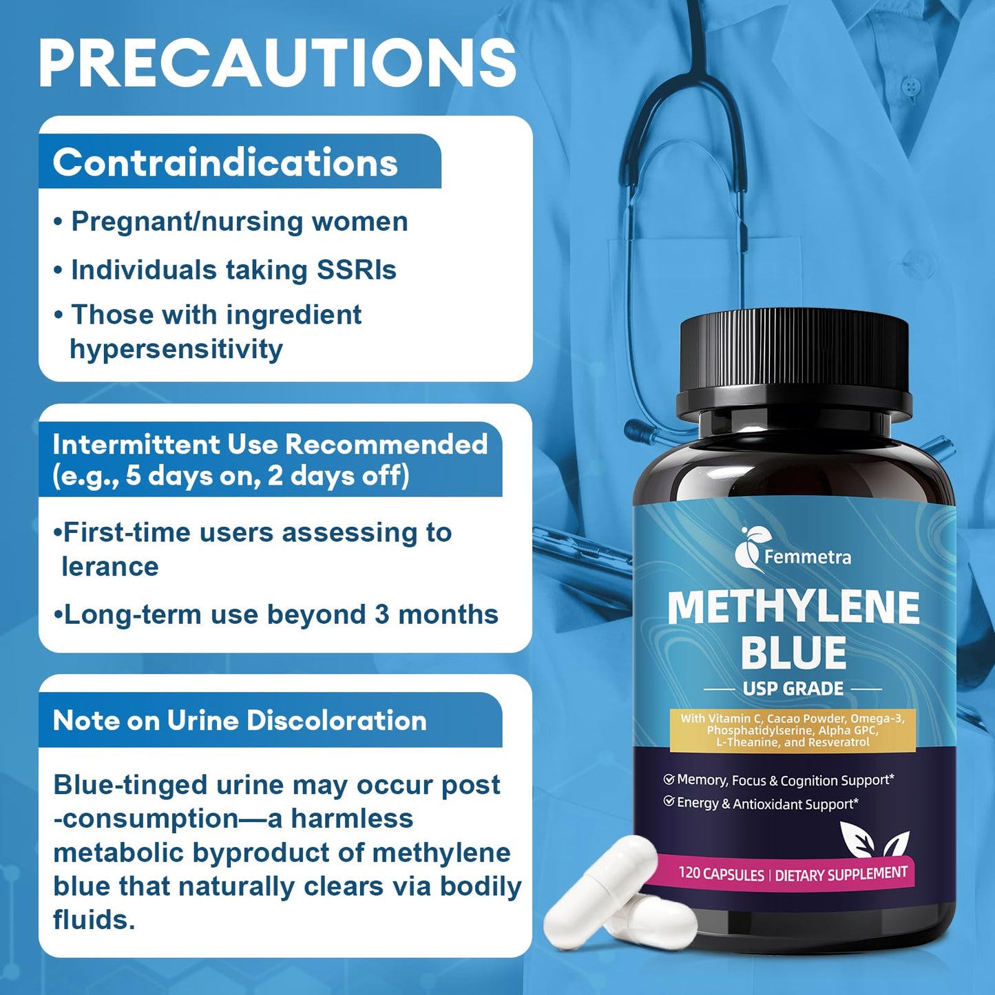USP Pharmaceutical Grade Methylene Blue Capsules with Resveratrol – Brain Support, 120 Capsules