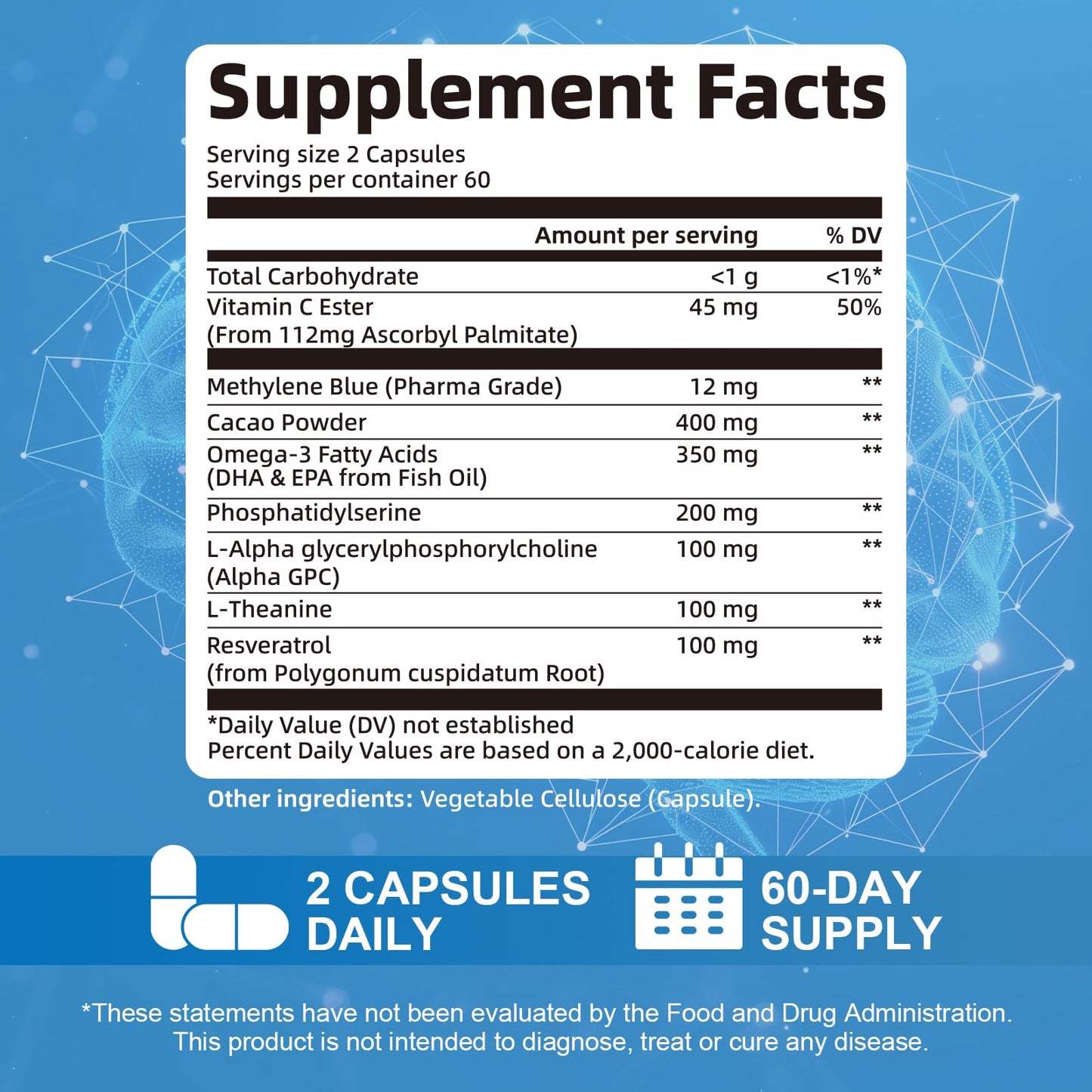 USP Pharmaceutical Grade Methylene Blue Capsules with Resveratrol – Brain Support, 120 Capsules