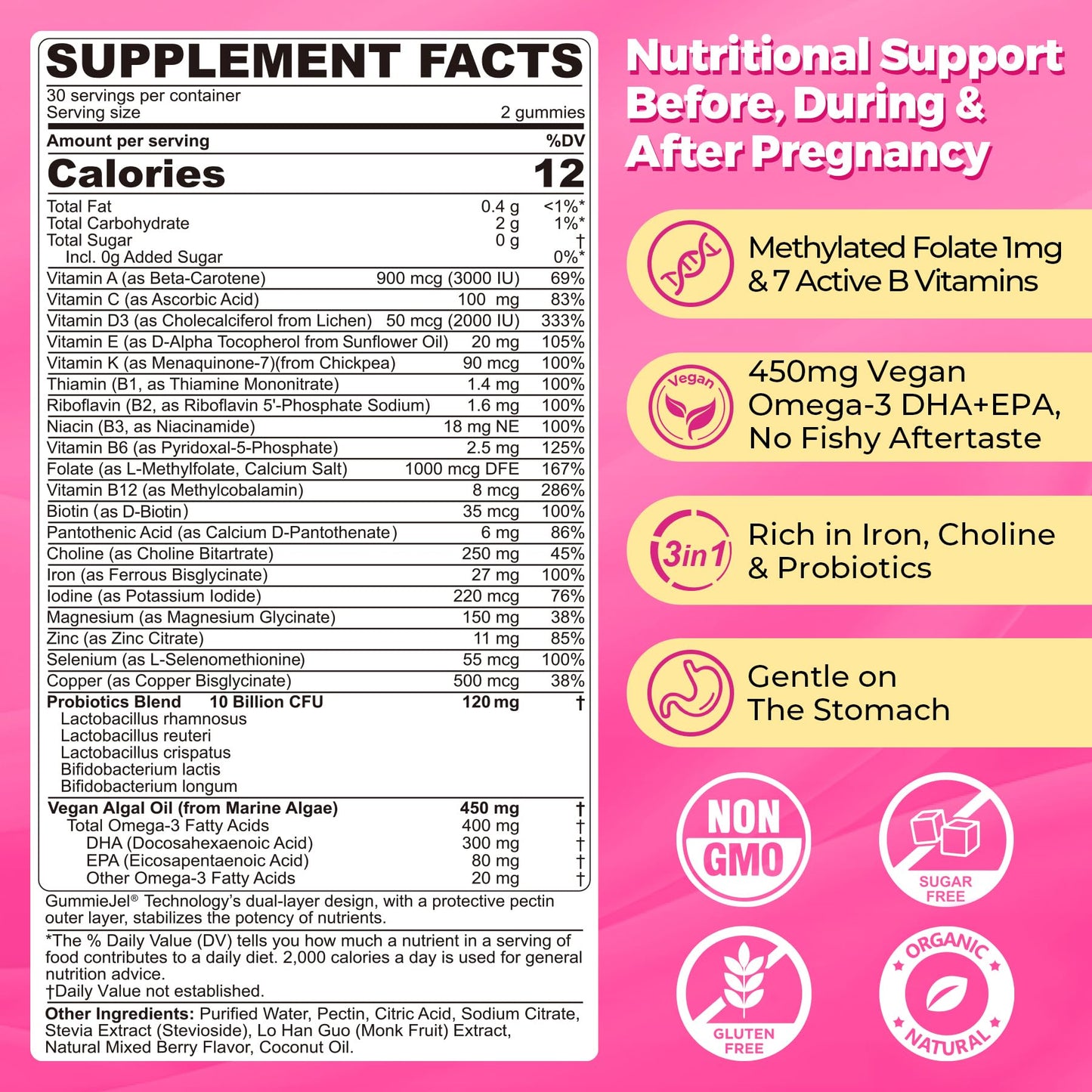 NEVISS Prenatal Multivitamin Gummies for Women – Methylfolate 1mg, DHA+EPA, Iron, Choline, Sugar-Free, 120 Count
