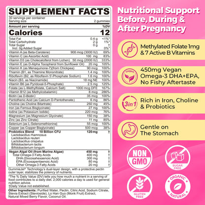NEVISS Prenatal Multivitamin Gummies for Women – Methylfolate 1mg, DHA+EPA, Iron, Choline, Sugar-Free, 120 Count