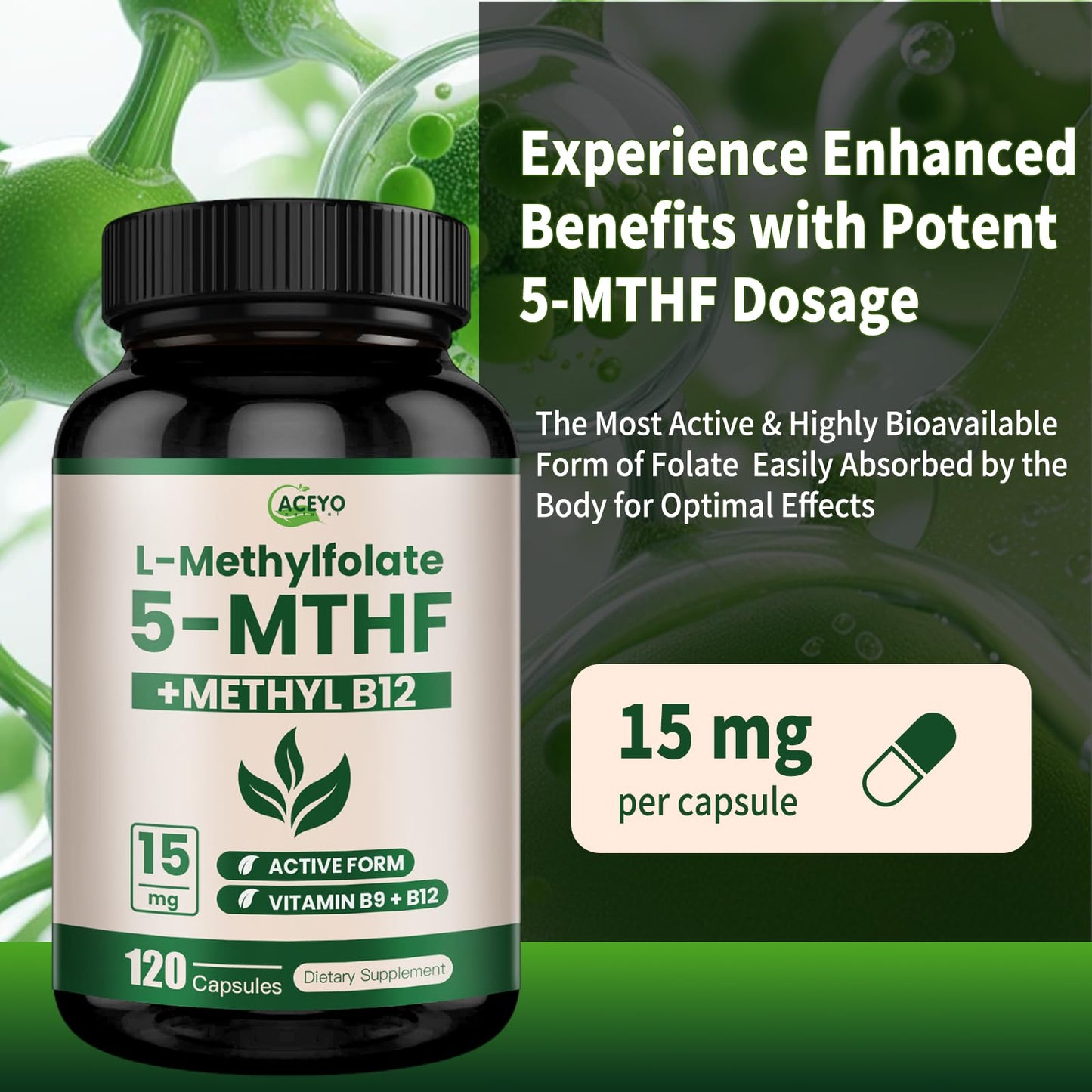 L-Methylfolate 15mg Supplement with 5-MTHF & Methyl B12 – Direct Absorption, 120 Capsules, Non-GMO, No Fillers