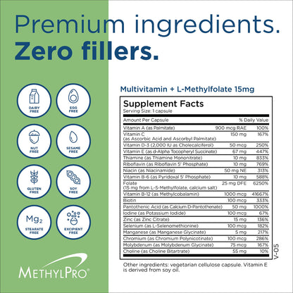 MethylPro Multivitamin + 15 mg Methylfolate – Iron-Free Multivitamin, 30 Capsules