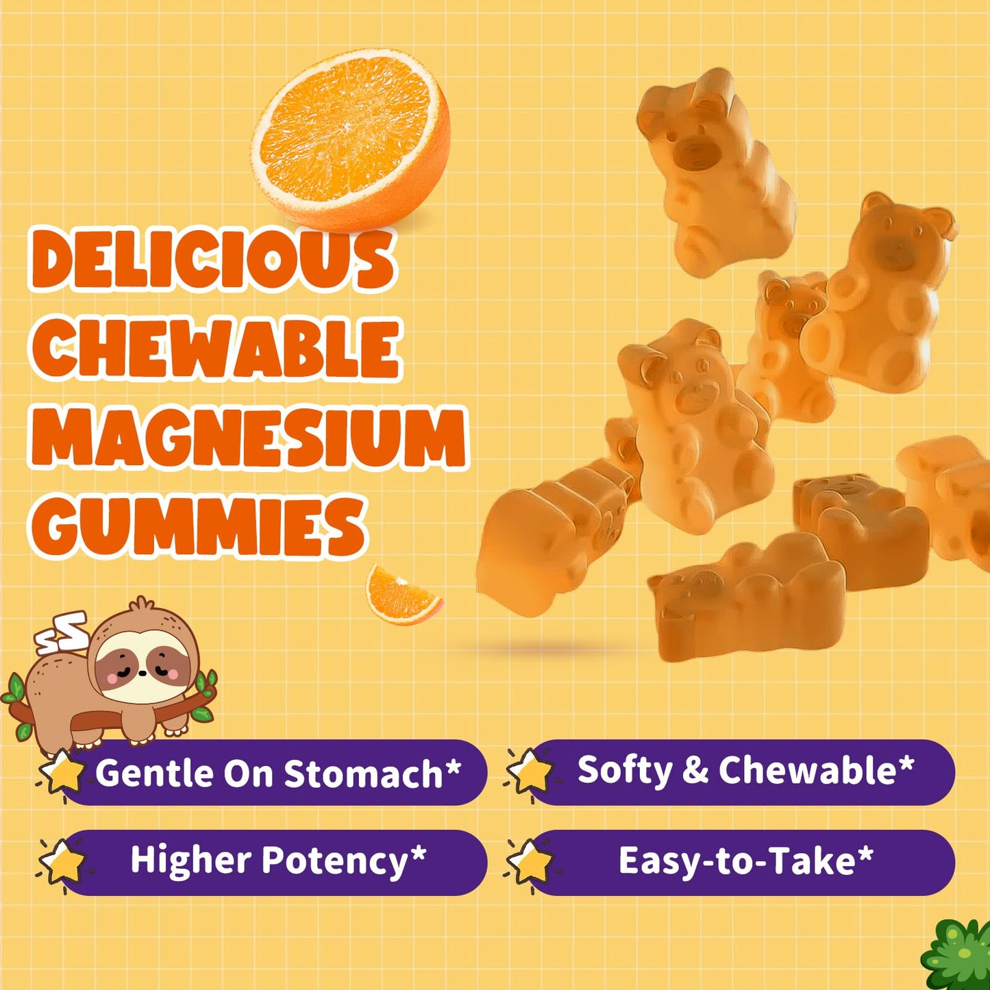 Magnesium Gummies for Kids & Adults - Vegan Orange 60ct (Glycinate, D3, B6)