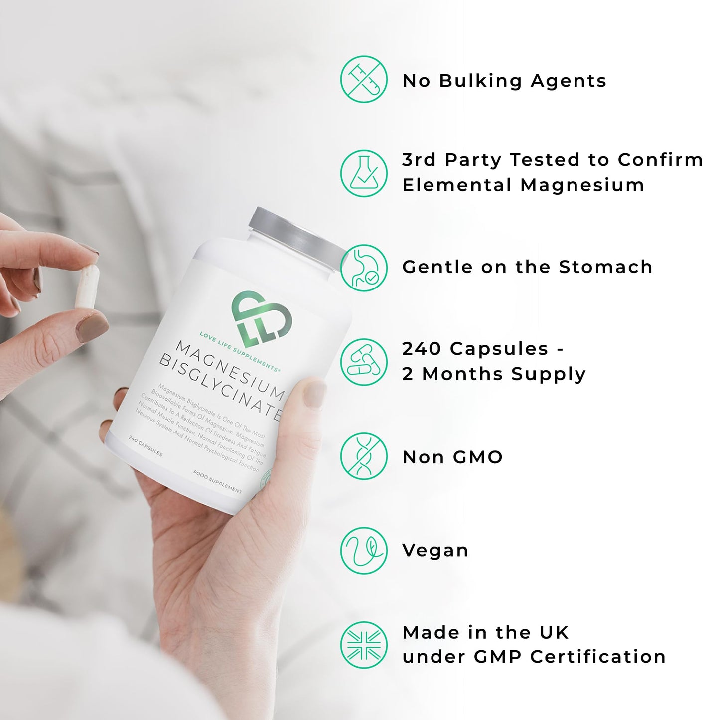 Magnesium Glycinate (Bisglycinate) | Chelated Magnesium Supplement | 303mg Mg per Capsule | 240 Capsules | UK Made