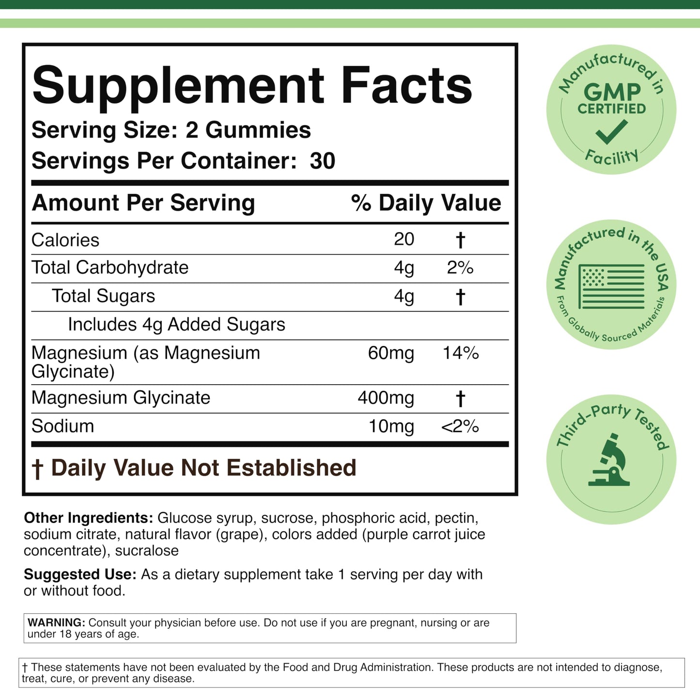 Magnesium Glycinate Gummies 400mg per Serving (60mg Elemental Mg) - 30 Day Supply, Grape Flavor | Double Wood Supplements