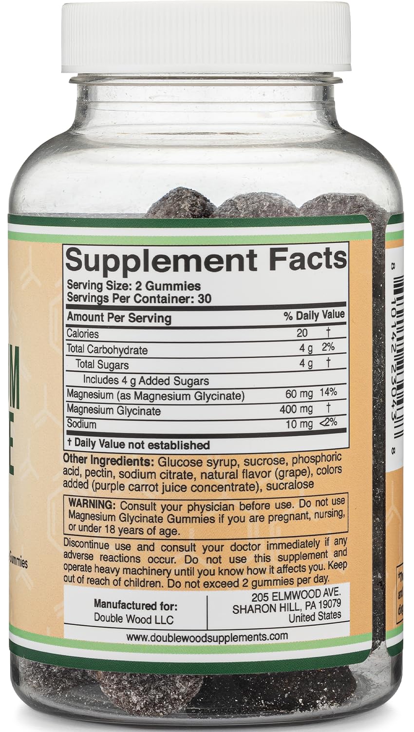 Magnesium Glycinate Gummies 400mg per Serving (60mg Elemental Mg) - 30 Day Supply, Grape Flavor | Double Wood Supplements