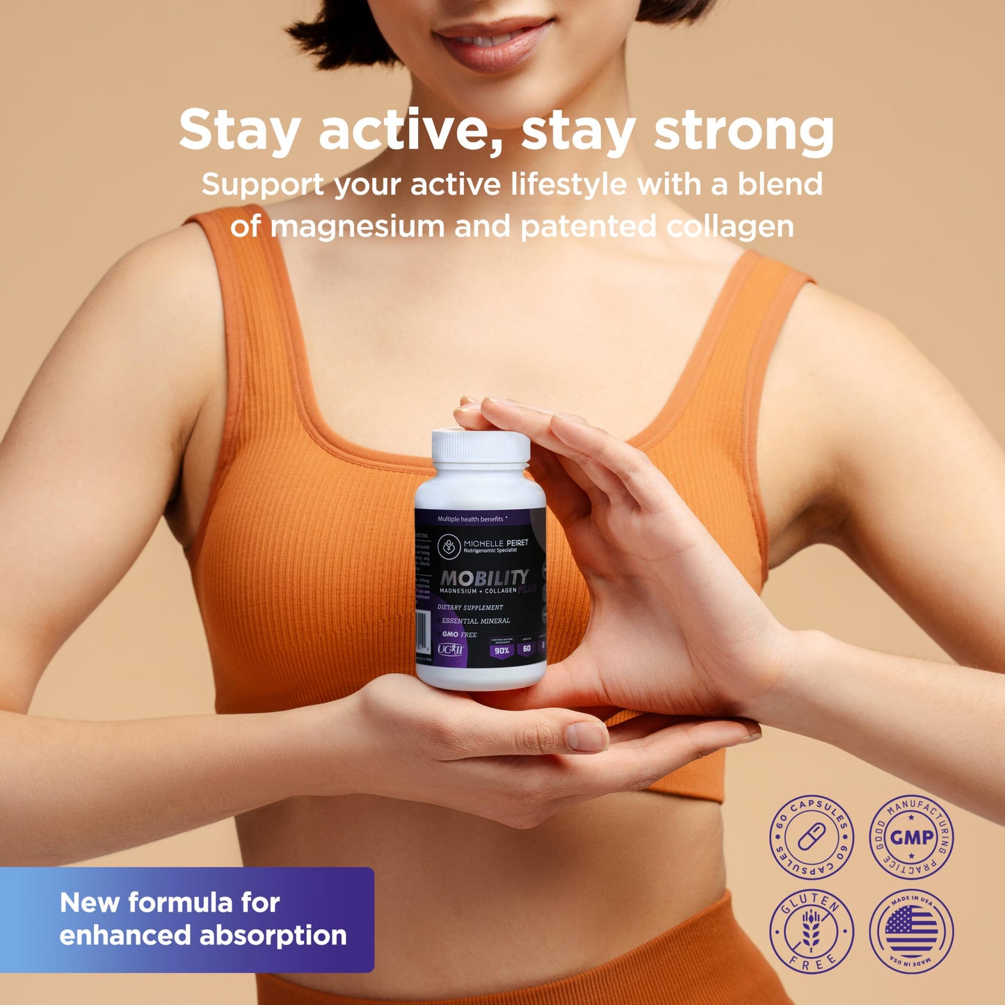 Michelle Peiret Mobility - Magnesium + Collagen Supplement with Hyaluronic Acid & Vitamin C | Gluten-Free & Non-GMO | 60 Capsules