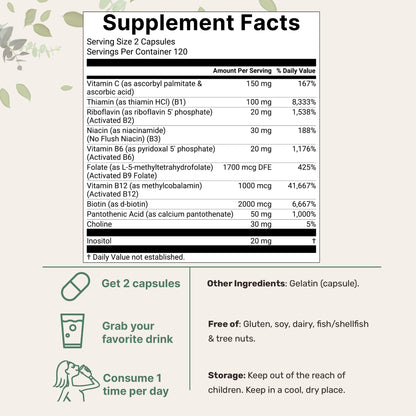 Micro Ingredients 2 Pack Pure Methylated B Complex, 480 Capsules | 11-in-1 Vitamin B Formula + Vitamin C | Non-GMO