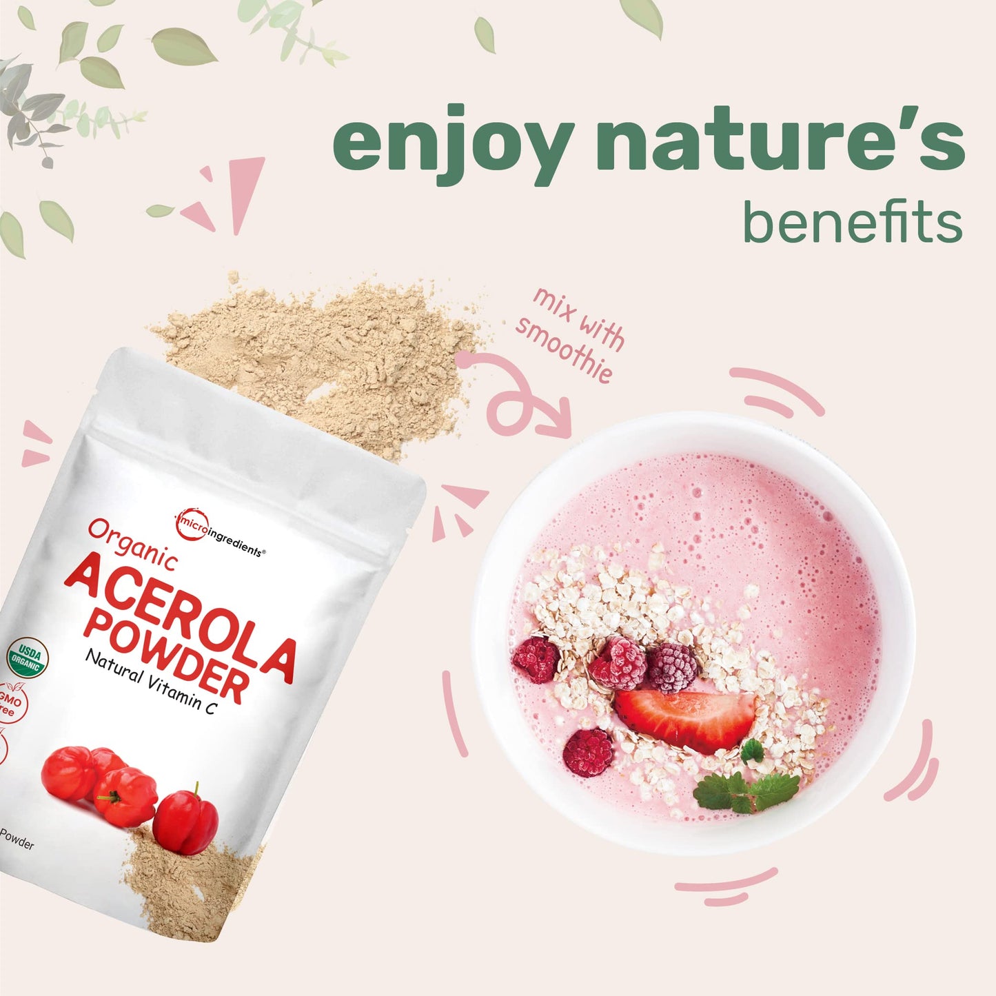 2 Pack Pure USDA Organic Acerola Cherry Powder — Natural Vitamin C, 8 oz | Brazil Origin | No GMOs