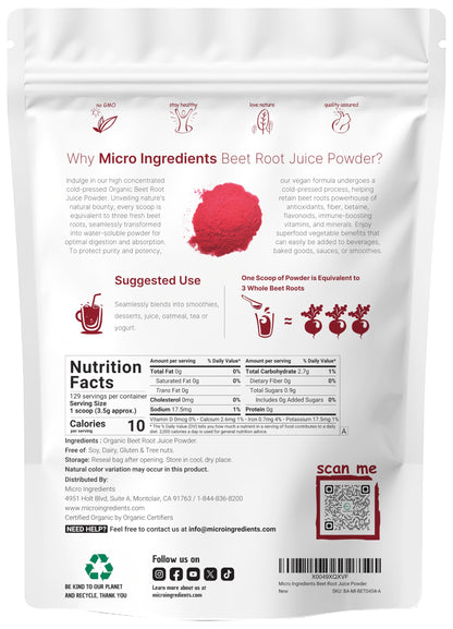 Micro Ingredients Organic Beet Root Powder - 1 lb, Cold-Pressed & Water-Soluble, Non-GMO