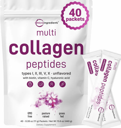 Micro Ingredients Multi Collagen Peptides Powder - 40 Stick Packs | Unflavored | Type I–X + Biotin, Vitamin C & Hyaluronic Acid | Keto & Non-GMO