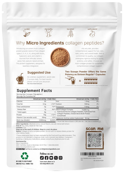Micro Ingredients Multi Collagen Peptides Powder, 2lb | Type I, II, III, V, X + Biotin, Vitamin C & Hyaluronic Acid | Chocolate Flavor | Keto, Non-GMO