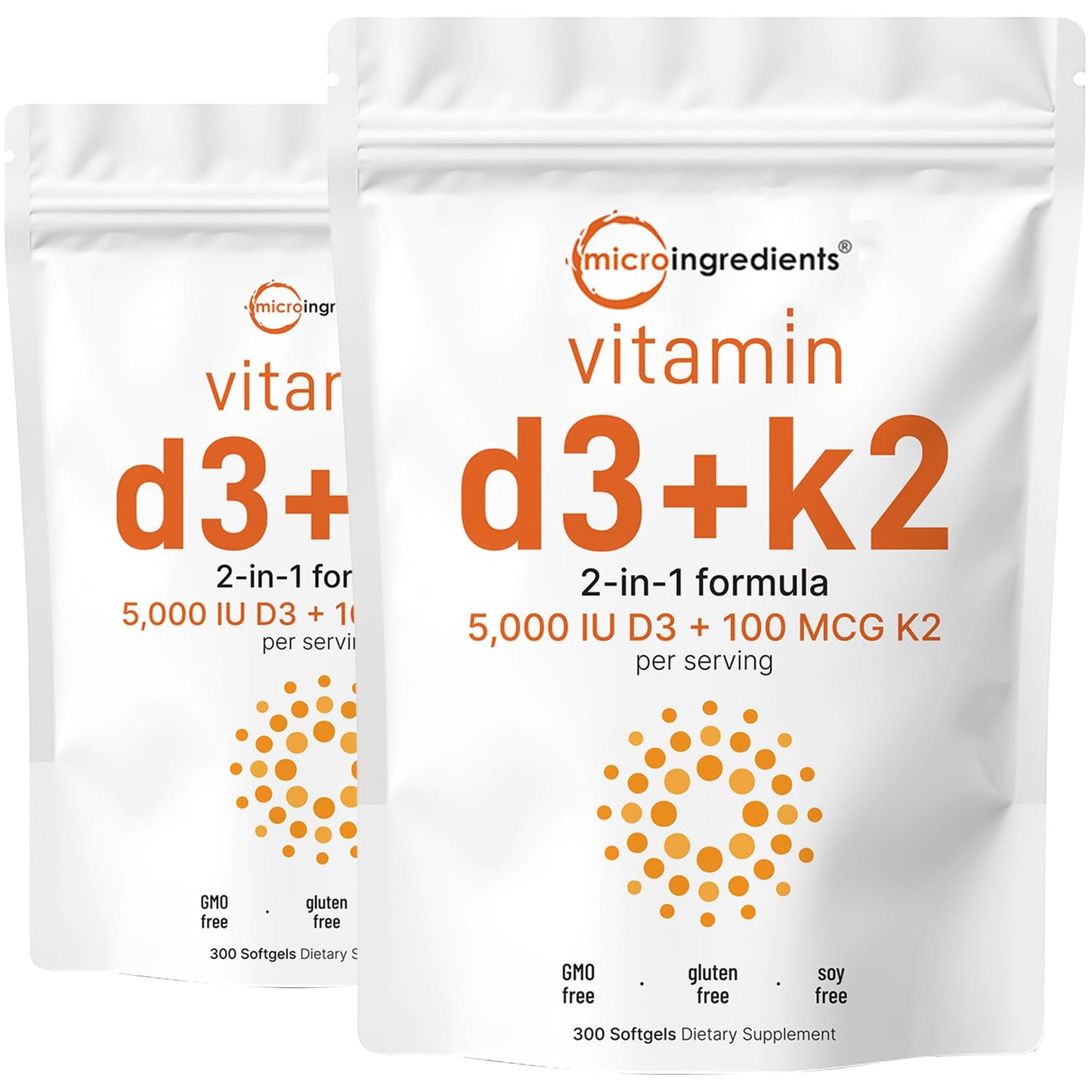 Micro Ingredients Vitamin D3 5,000 IU + K2 MK-7 100 mcg | 2 Pack (600 Softgels) | Sunflower Oil | Non-GMO | Gluten-Free