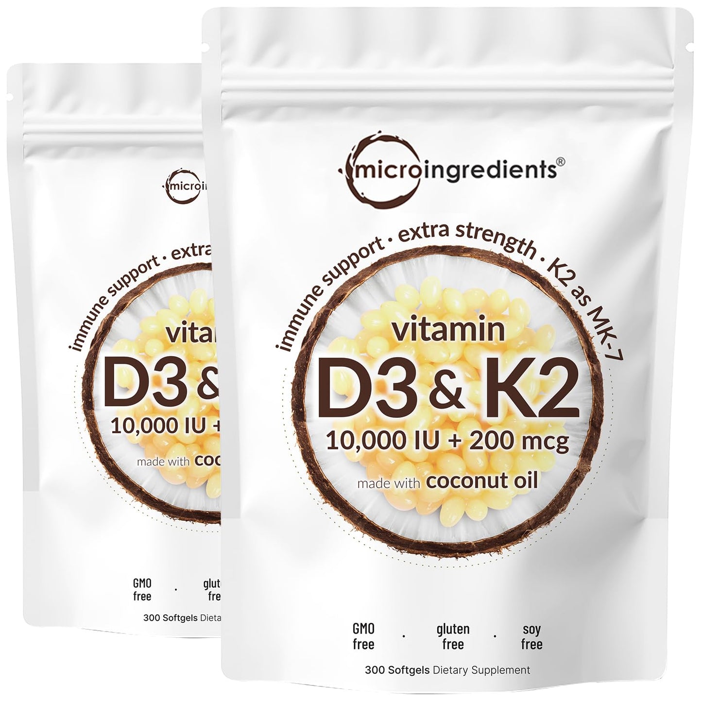Vitamin D3 10,000 IU + K2 MK-7 200 mcg (2 Pack) Softgels | 600 Count | Virgin Coconut Oil