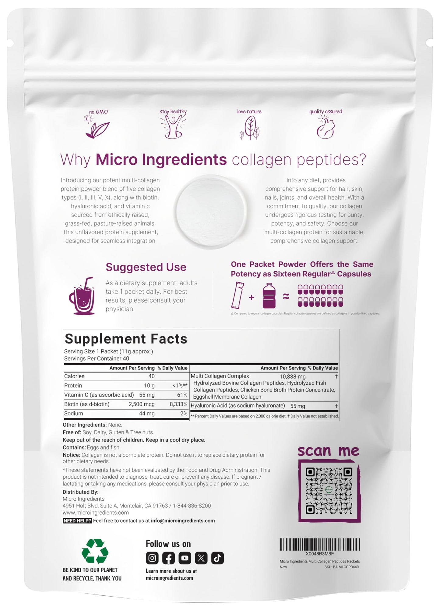 Micro Ingredients Multi Collagen Peptides Powder - 40 Stick Packs | Unflavored | Type I–X + Biotin, Vitamin C & Hyaluronic Acid | Keto & Non-GMO