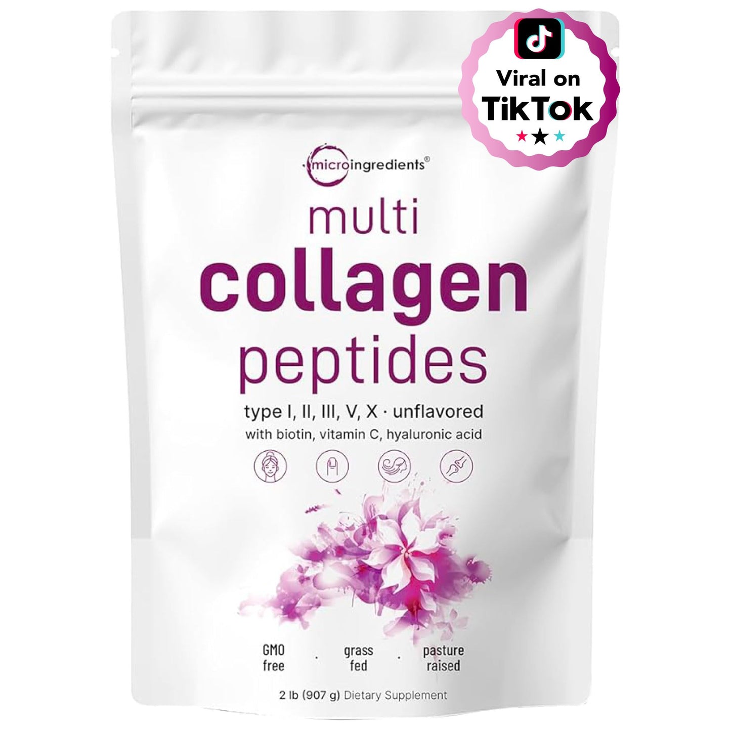 Micro Ingredients Multi Collagen Peptides Powder 2lb – Full Spectrum Types I, II, III, V, X + Hyaluronic Acid, Biotin & Vitamin C | Unflavored | Keto & Paleo | Non-GMO