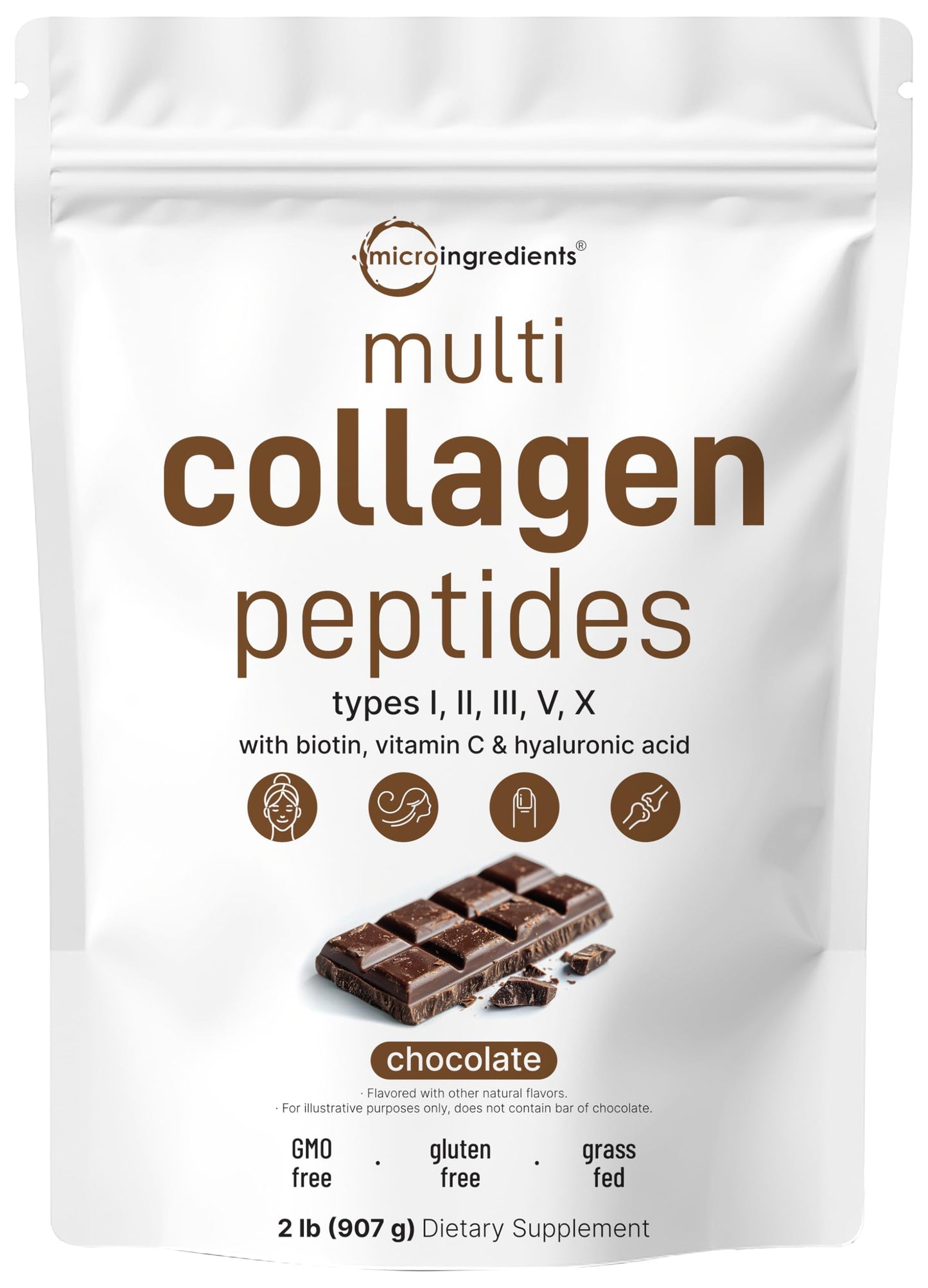 Micro Ingredients Multi Collagen Peptides Powder, 2lb | Type I, II, III, V, X + Biotin, Vitamin C & Hyaluronic Acid | Chocolate Flavor | Keto, Non-GMO