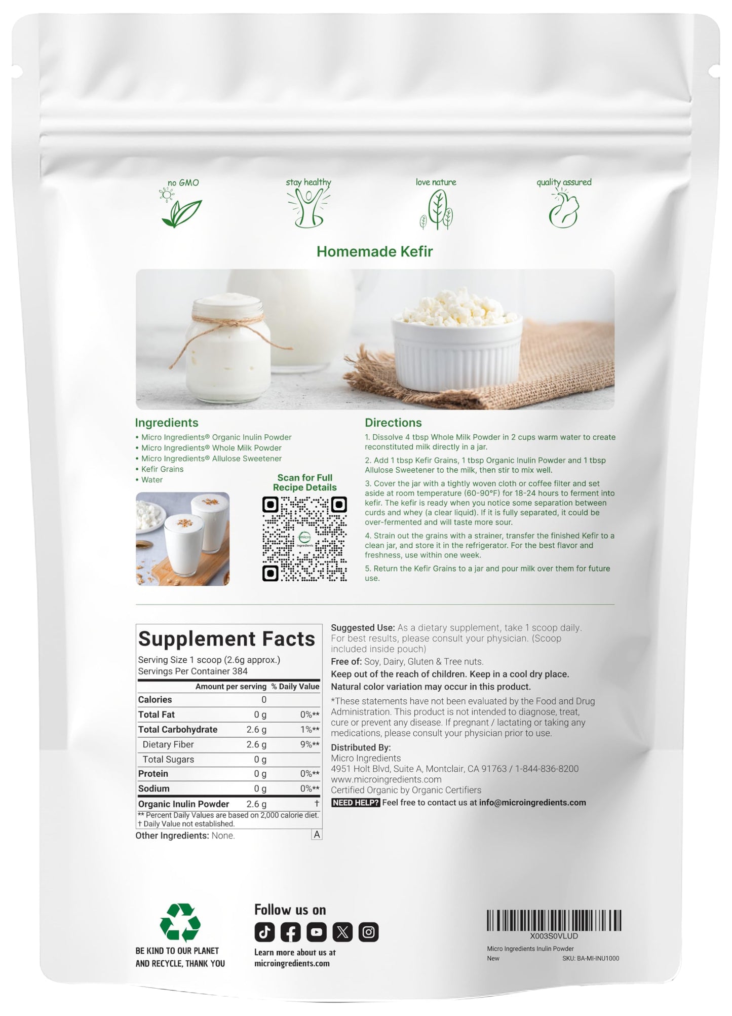 Micro Ingredients Organic Inulin FOS Fiber Powder 2.2 lb | Water-Soluble Prebiotic