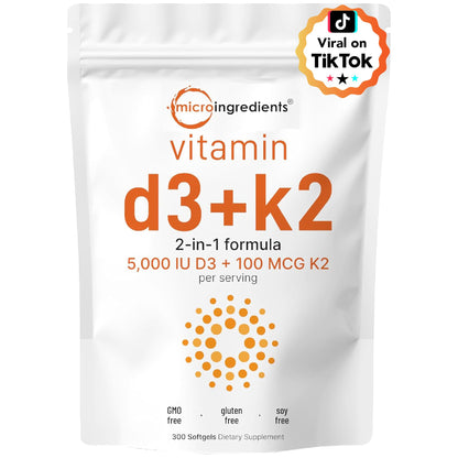 Vitamin D3 5000 IU + K2 MK-7 100 mcg – 300 Softgels | 2-in-1 D & K Complex