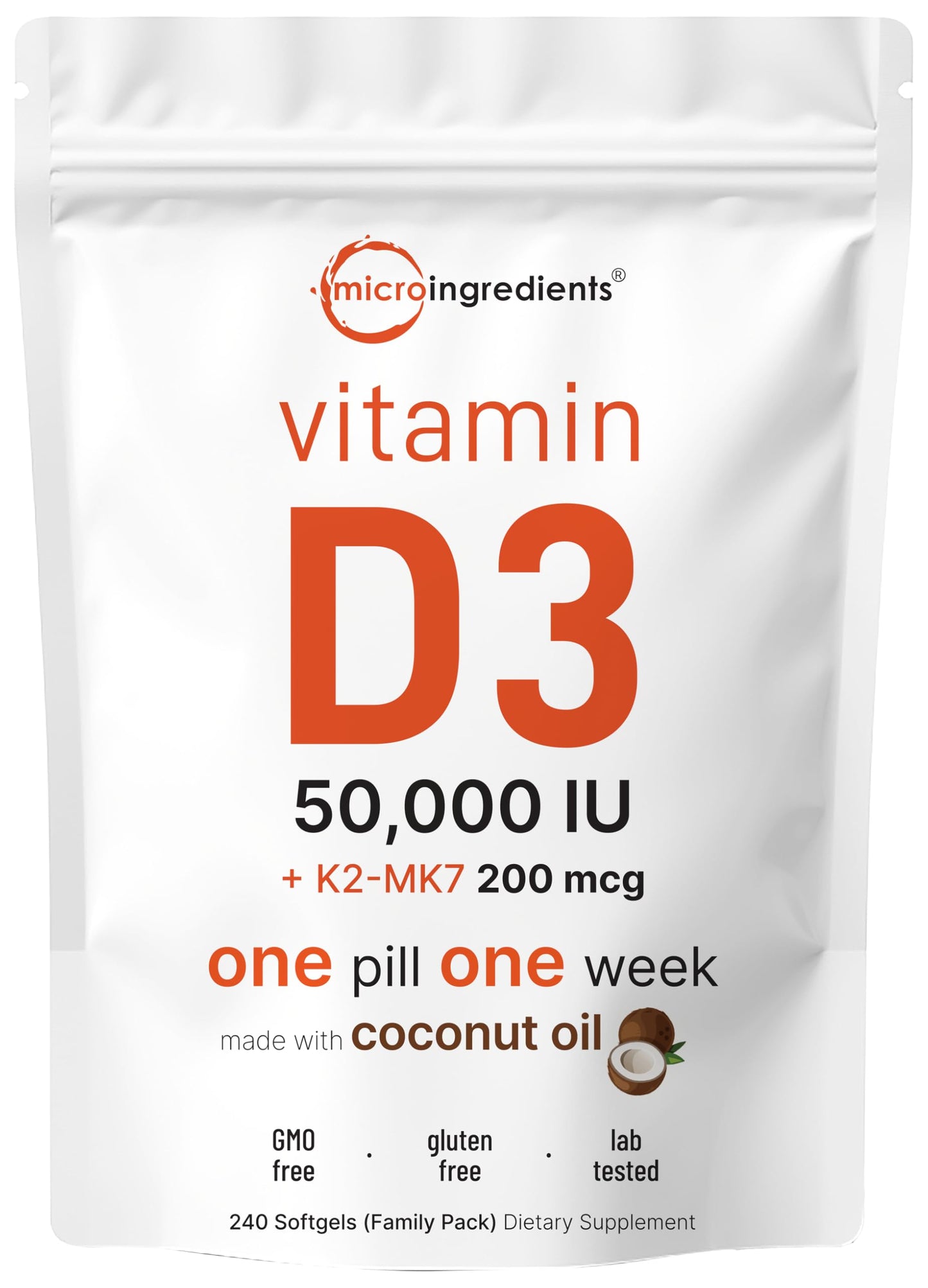 Micro Ingredients Vitamin D3 50,000 IU + K2 MK-7 200 mcg | 240 Softgels | Non-GMO