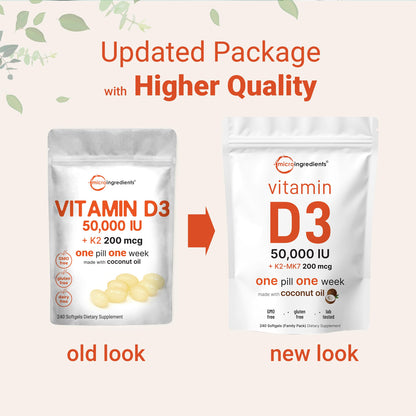 Micro Ingredients Vitamin D3 50,000 IU + K2 MK-7 200 mcg | 240 Softgels | Non-GMO