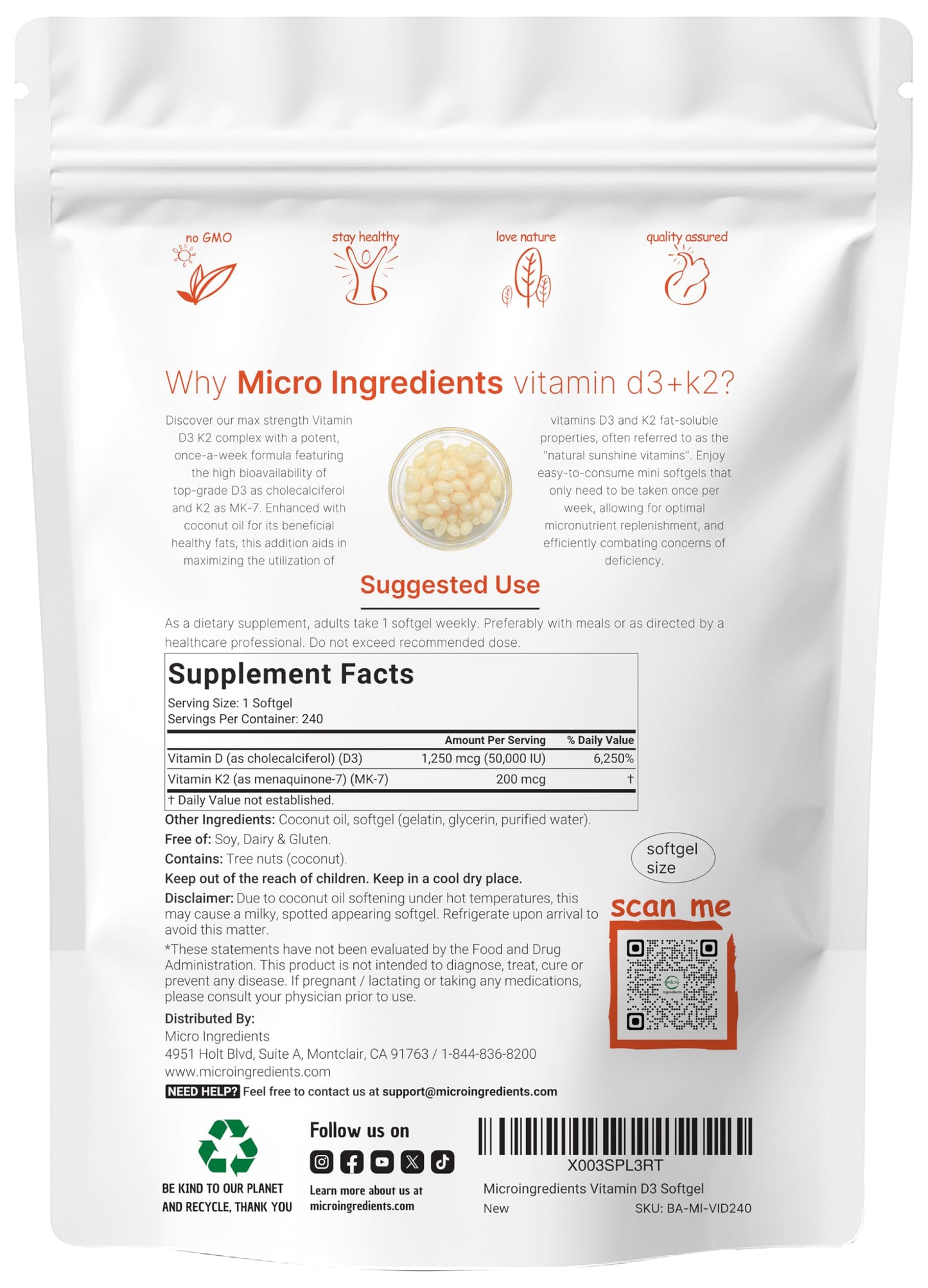 Micro Ingredients Vitamin D3 50,000 IU + K2 MK-7 200 mcg | 240 Softgels | Non-GMO