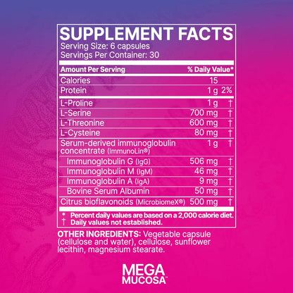 Microbiome Labs MegaMucosa – Amino Acids + Dairy-Free Immunoglobulins for Gut Health & Immunity (180 Capsules)