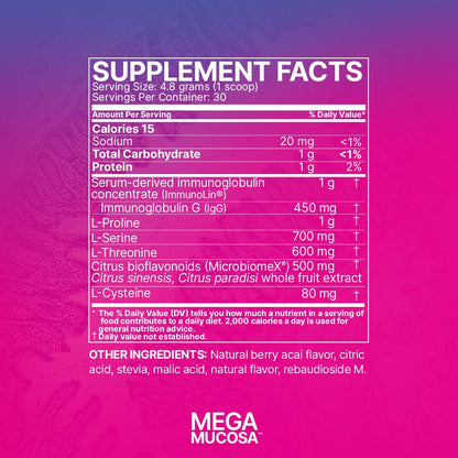 Microbiome Labs MegaMucosa Gut Health Powder – Complete Mucosal Support (Berry Acai, 5.5 oz) | Dairy-Free Immunoglobulins