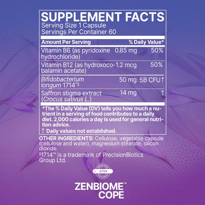 Microbiome Labs Zenbiome COPE – Probiotic Mood Support with 1714 Probiotic, B6, B12 & Saffron