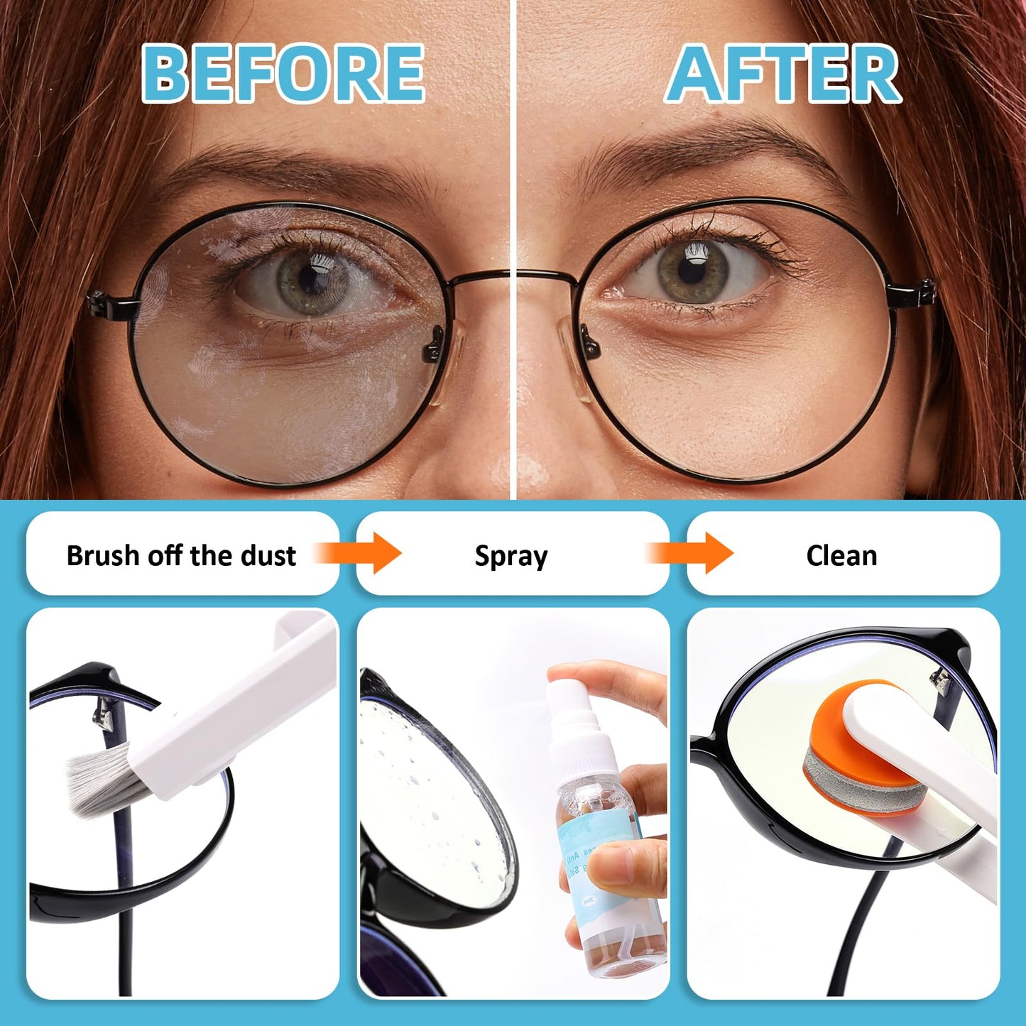 Glasses Cleaner Kit with Anti-Fog Spray, Microfiber Cloth & Repair Tools