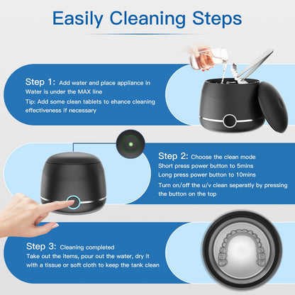 Midomi Ultrasonic Retainer Cleaner - 45kHz, 5/10 Min Modes, USB-C UV Lid, 200ml Pod (Black)