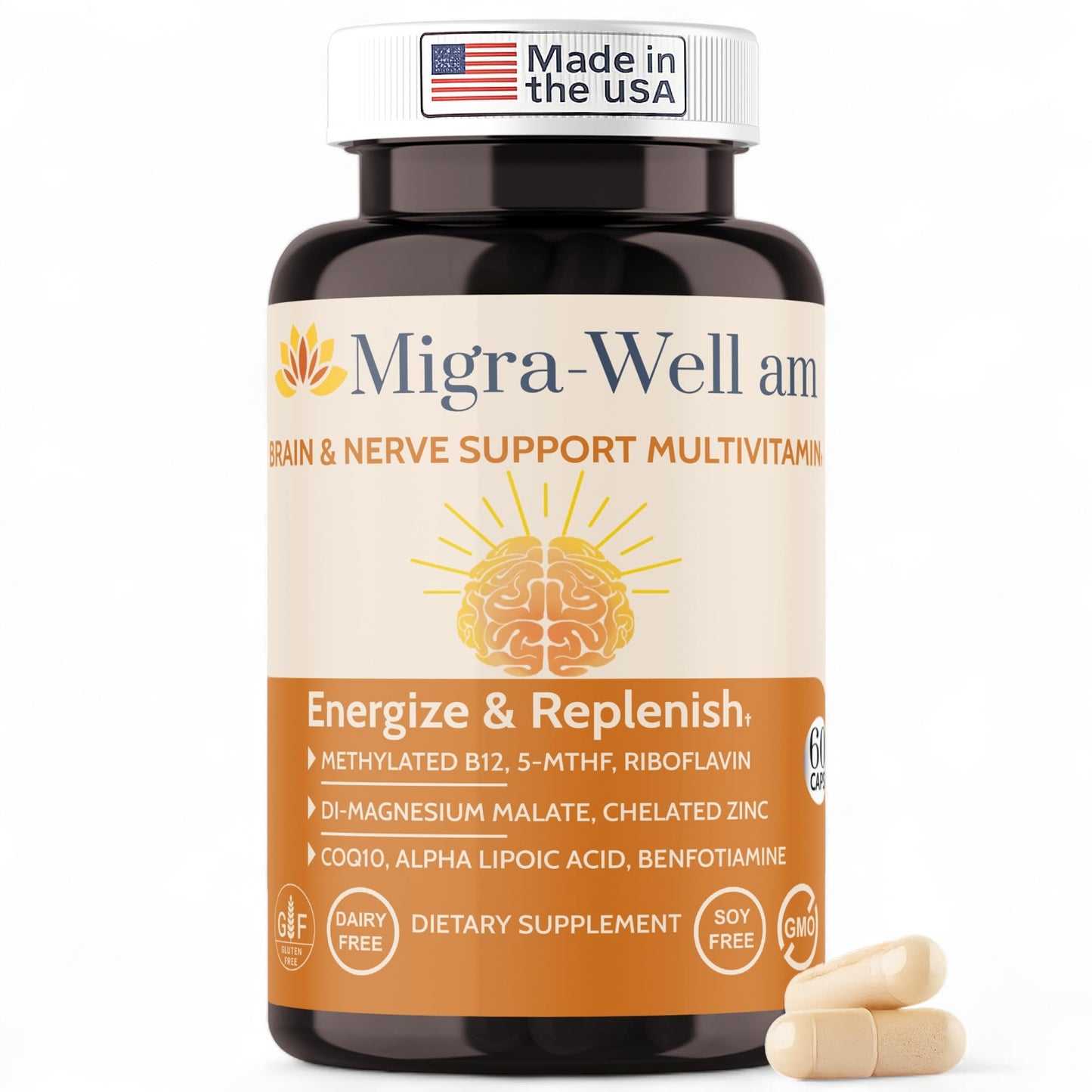 Wellkasa Migra-Well AM: Energizing Methylated Multivitamin – Brain & Nerve Health (No Iron, 60 Caps)