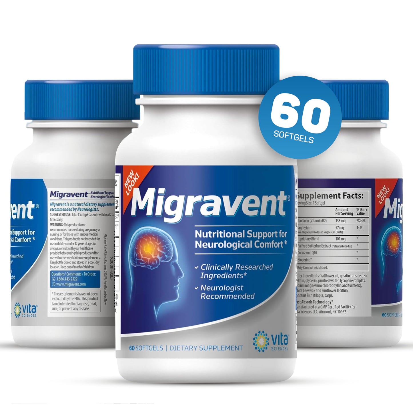 Vita Sciences Migravent – Advanced Nutritional Formula with Magnesium, CoQ10, Vitamin B2 & Butterbur for Brain & Circulatory Wellness – 60 Capsules