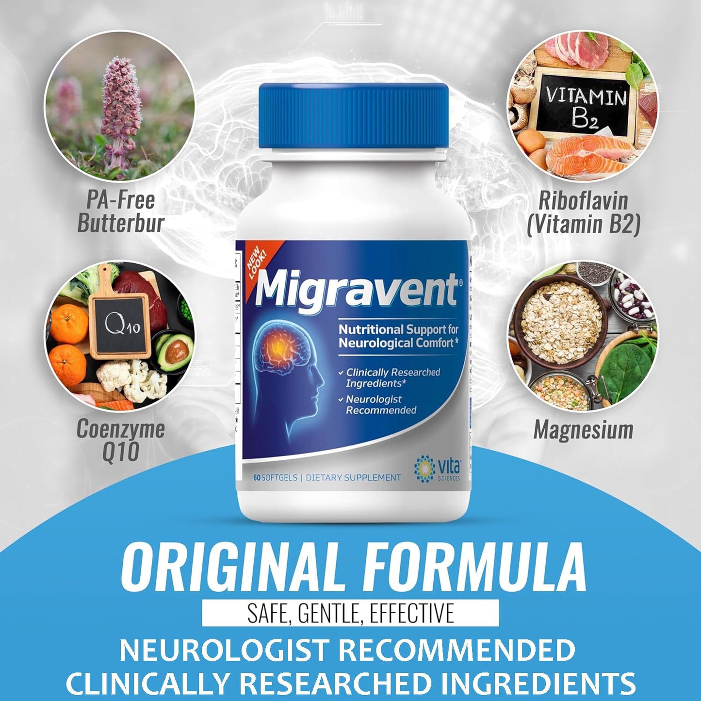 Vita Sciences Migravent – Advanced Nutritional Formula with Magnesium, CoQ10, Vitamin B2 & Butterbur for Brain & Circulatory Wellness – 60 Capsules