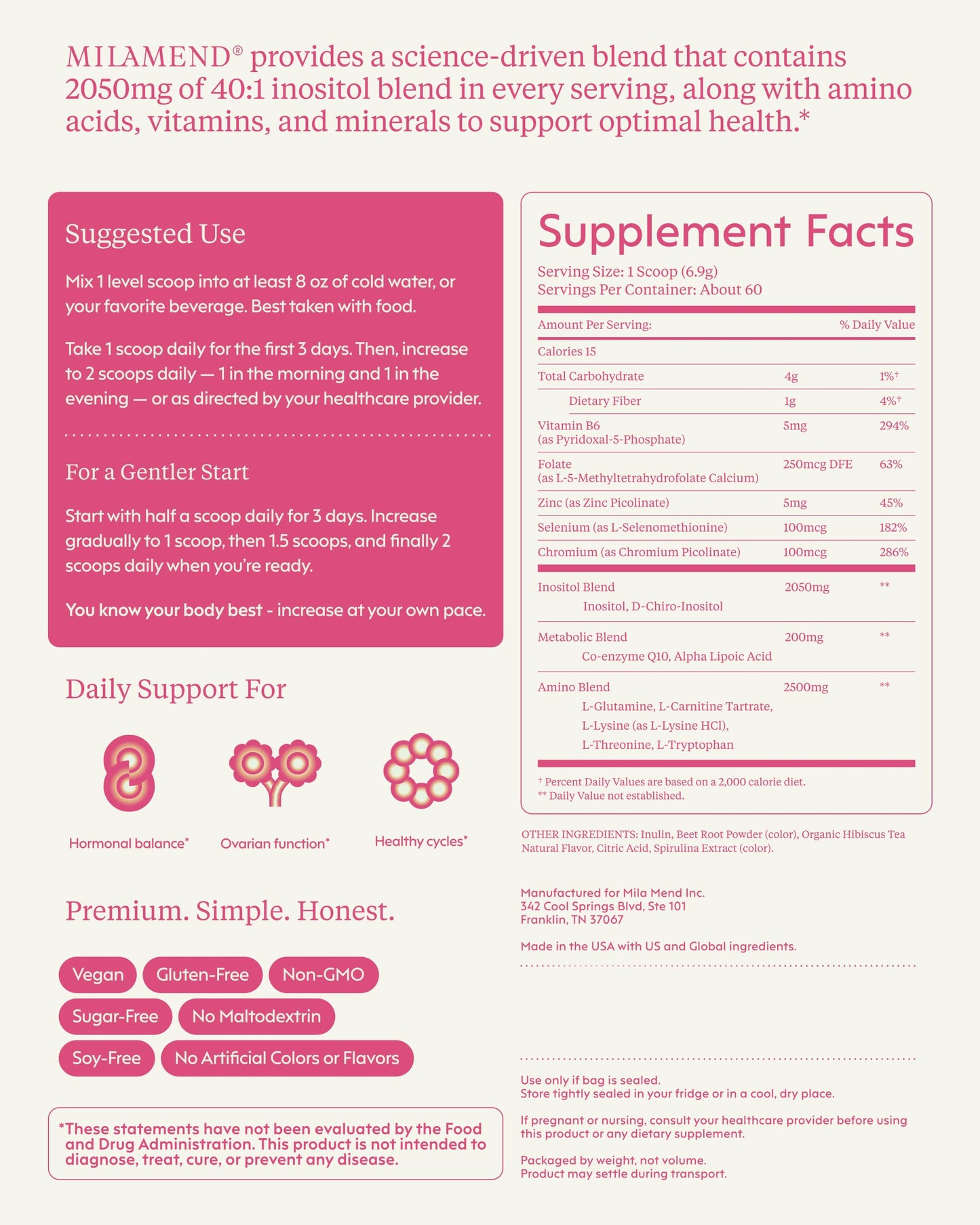 milamend Hormone Balance for Women 40:1 Myo-Inositol D-Chiro Inositol + CoQ10 – Cycle & Fertility Support (30-Day Hibiscus Tea Powder)