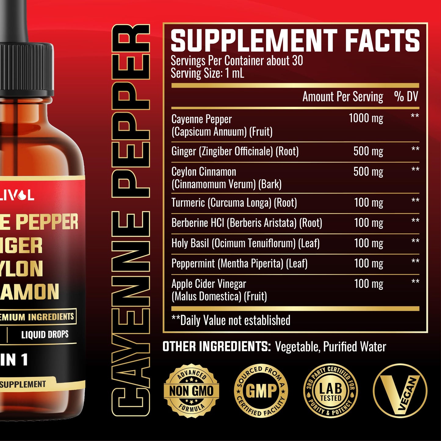 MILIVOL 8in1 Cayenne Pepper Liquid Drops with Ginger, Cinnamon, Turmeric, Berberine – Digestive & Circulatory Health Support (2 x 30ml)