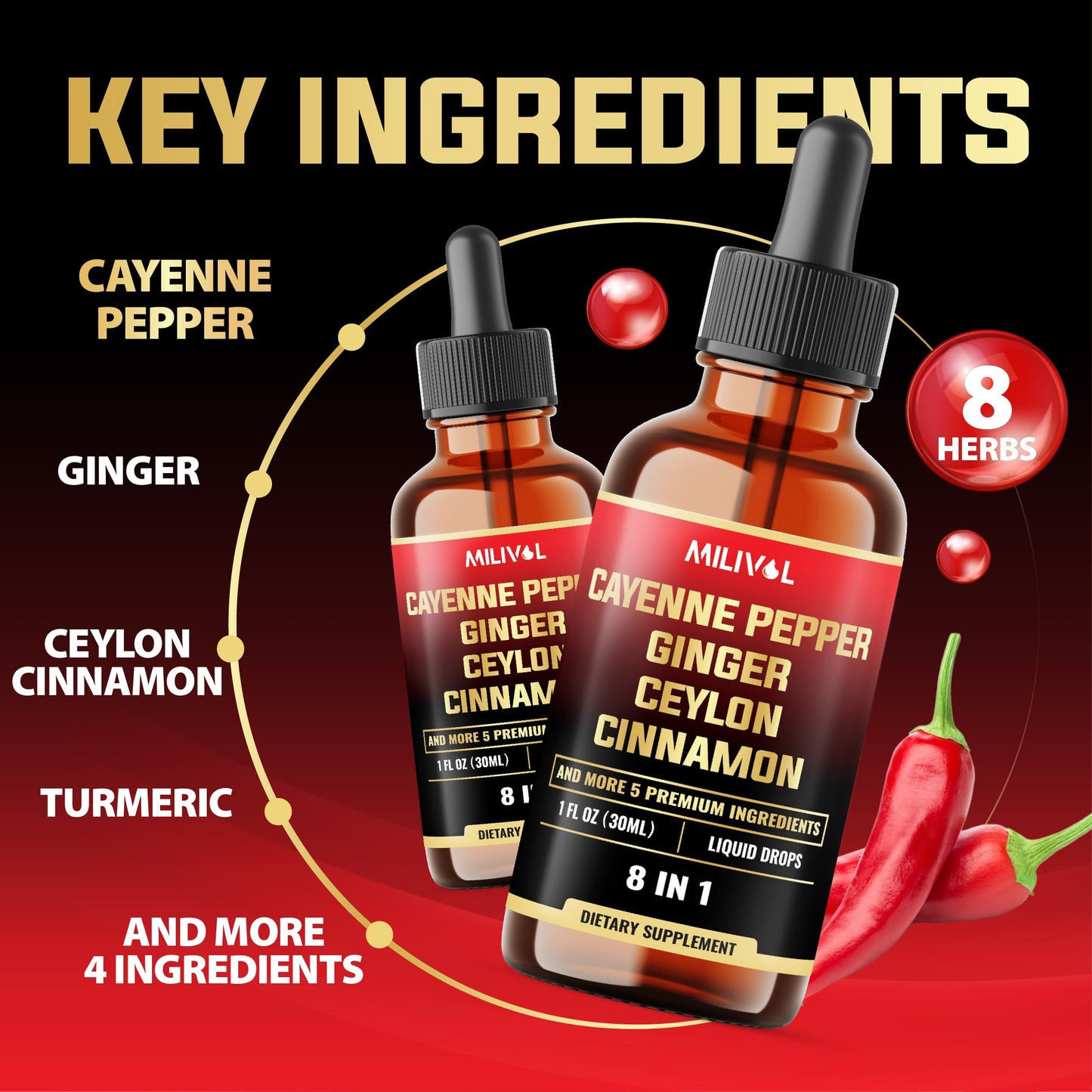MILIVOL 8in1 Cayenne Pepper Liquid Drops with Ginger, Cinnamon, Turmeric, Berberine – Digestive & Circulatory Health Support (2 x 30ml)
