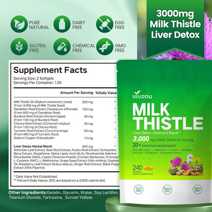 Milk Thistle Liver Detox Capsules 3000mg - 20-in-1 Liver Support, 240 Softgels