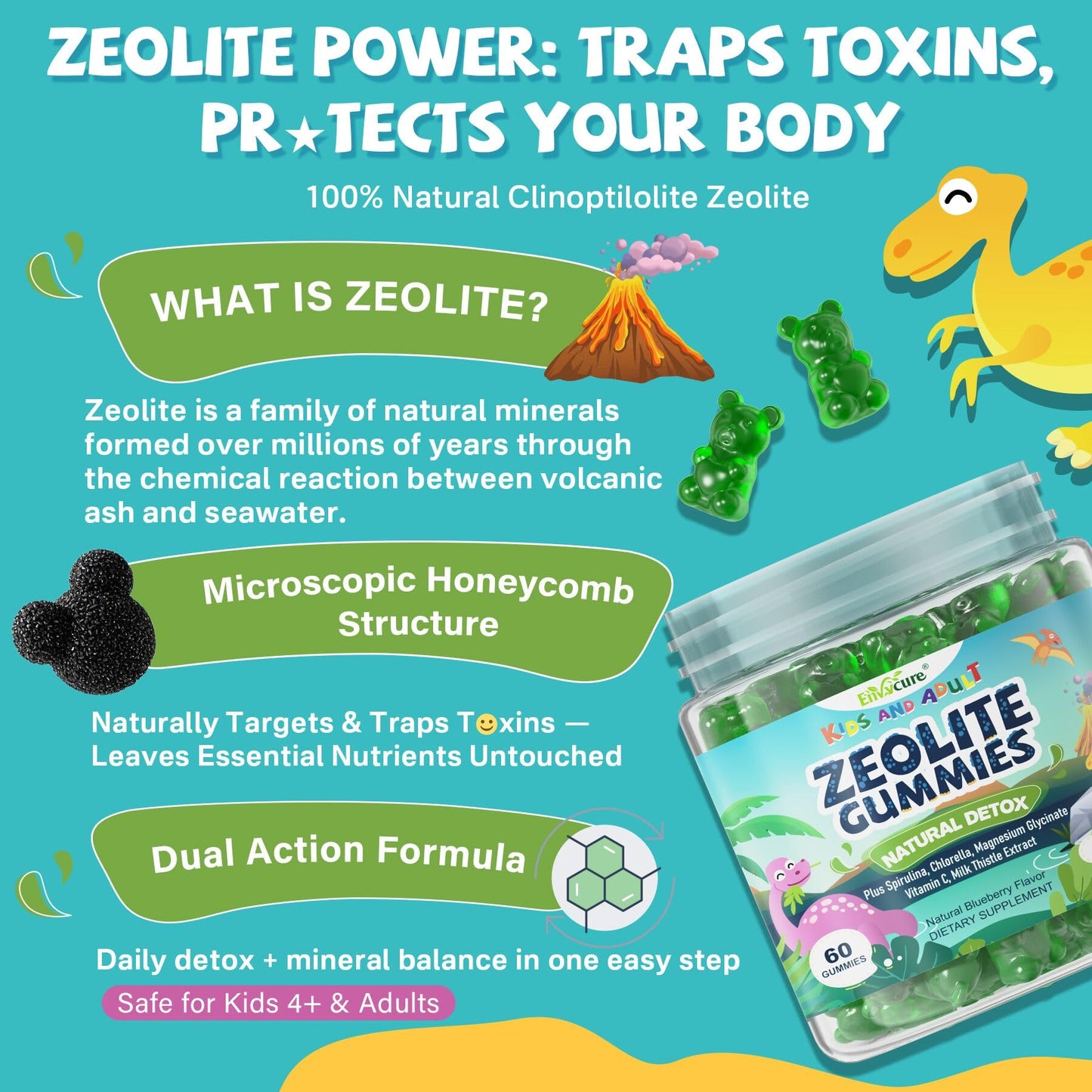 EnvyCure Zeolite Detox Gummies – Sugar-Free, Spirulina & Chlorella, for Kids & Adults – 120 Count