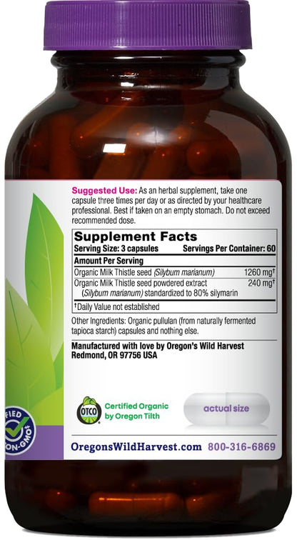 Oregon's Wild Harvest Milk Thistle Organic Non-GMO Vegan Capsules – 180 Count