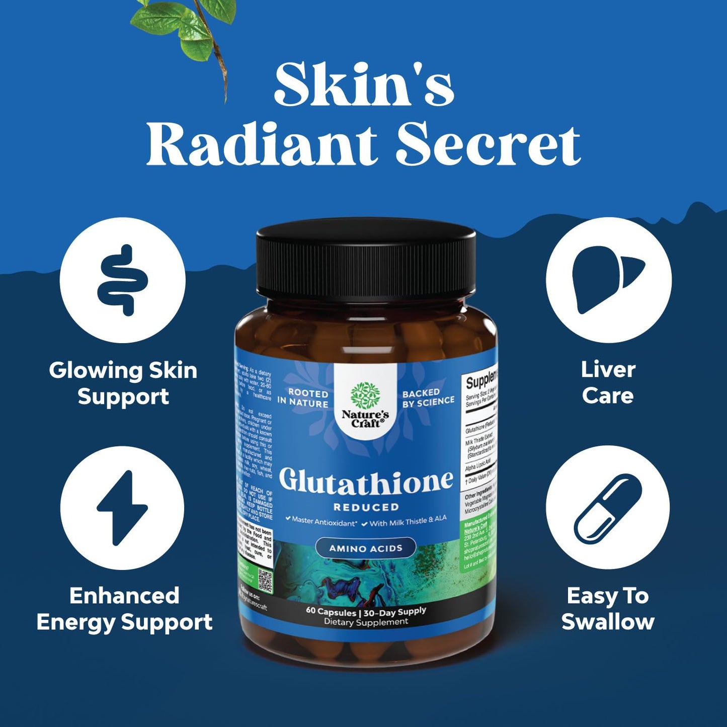 Reduced Glutathione + Milk Thistle 1000mg - Skin Radiance, Liver & Immune Support | 60 Count