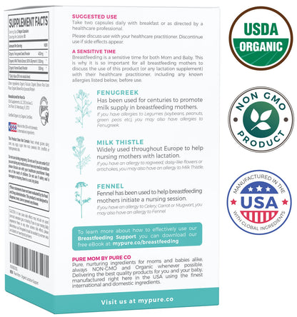 USDA Organic Lactation Supplement - Fenugreek, Fennel & Milk Thistle | 60 Vegan Capsules