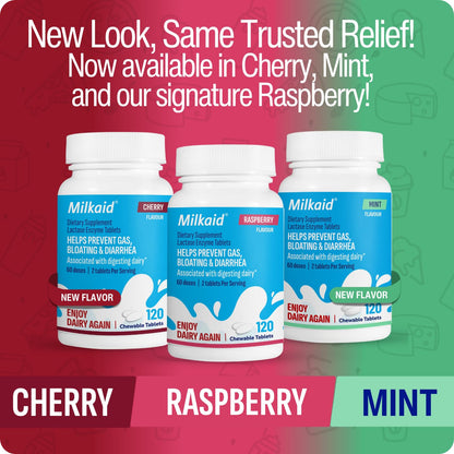 Milkaid Lactase Chewables – Lactose Intolerance Relief | Fast Acting Dairy Digestive Supplement (120 Tablets, Raspberry)
